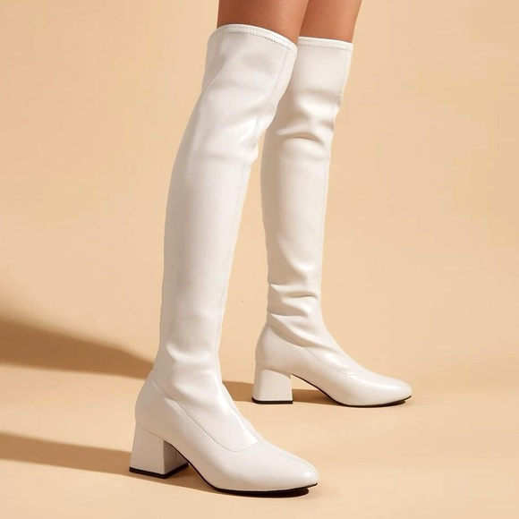 Shoes - Over the knee high white faux leather gogo boots 6
